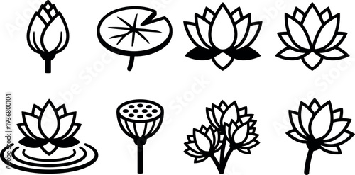 Line art lotus icon set eight lotus flower icons bud leaf seed pod water ripple side view top view minimalist vector