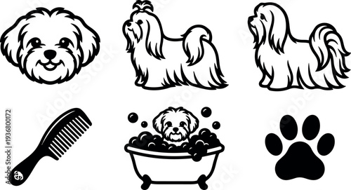 Line art grooming icon set showing smiling shih tzu face full body side views bathing tub comb and paw print