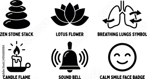 Flat design meditation icon set zen stones lotus breathing lungs candle bell calm smile face close up black silhouette collection