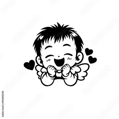Cute happy baby angel with hearts, kawaii cupid character expressing love and joy