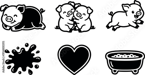Line art cute pig icon set showing sleeping pig two hugging piglets running pig splash heart and bathtub playful cheerful