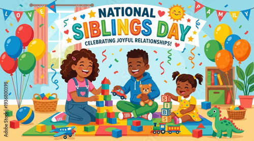 Children celebrating national siblings day with joyful playtime and colorful toys