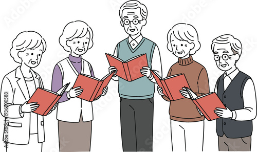 Senior People Singing in Choir While Holding Song Books, Elderly Community Group Music Activity Illustration for Retirement Lifestyle, Culture, Choir Practice and Social Gathering