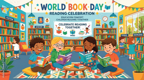 Children reading books together on colorful rug in library on world book day