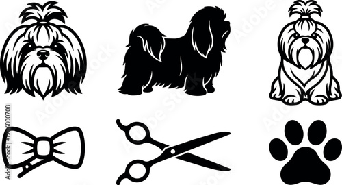 Vector art shih tzu dog icons set with grooming scissors bow paw print multiple poses flat black silhouettes head sitting