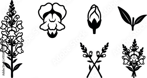 Flat design floral icon set close up blossom bud stem leaves isolated black silhouette vector for branding and print pack