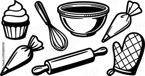 Line art overhead composition baking tools and cupcake with piping bags whisk rolling pin bowl and oven mitt playful sketchy