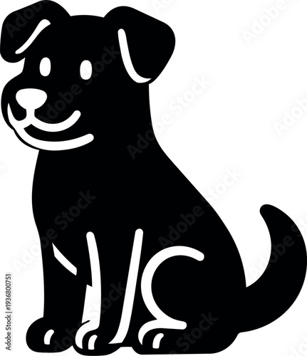 Flat vector cartoon black dog sitting and smiling looking at viewer with wagging tail front paws visible friendly playful cute