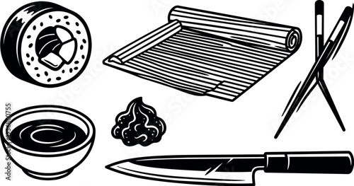 Line art sushi roll set with bamboo mat chopsticks sauce bowl wasabi and chef knife top view black and white