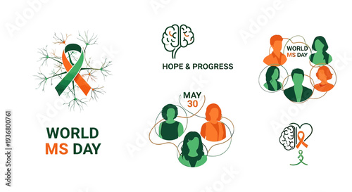 Multiple Sclerosis Awareness Ribbon and Icons.