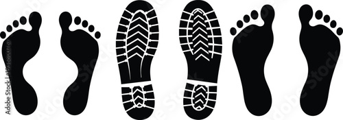 Human barefoot footprints and hiking boot sole prints collection, black silhouette icons isolated on white background, forensic tracking and adventure.