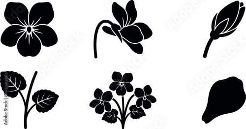 Flat design floral silhouette set six violet and primrose icons close up different angles leaves bud petal cluster vector minimalist