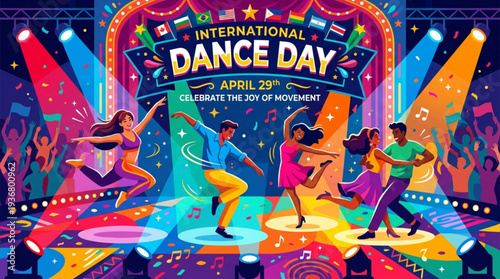 People dancing on stage celebrating international dance day on april 29th with colorful lights and vibrant costumes