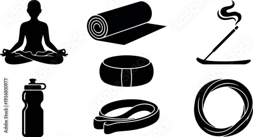 Flat icon yoga gear set meditation mat cushion incense bottle strap wheel silhouettes top down layout peaceful wellness mood collection