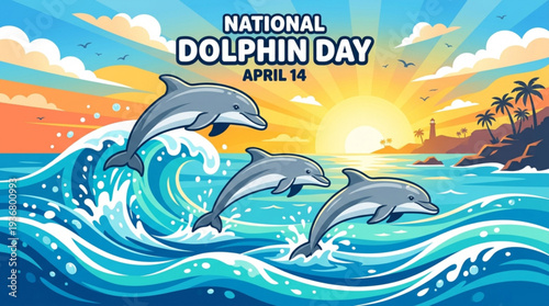 Three dolphins jumping out of ocean waves on national dolphin day with tropical island background