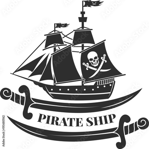 Pirate ship vintage badge. Sea sailing logo