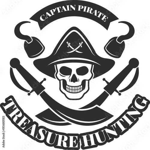 Treasure hunting black label. Captain pirate skull