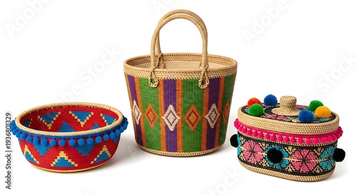 Three colorful woven baskets made of natural fibers and threads