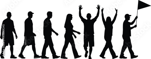 People walking and celebrating silhouette collection, men and women crowd with flag isolated, social gathering action vector illustration set