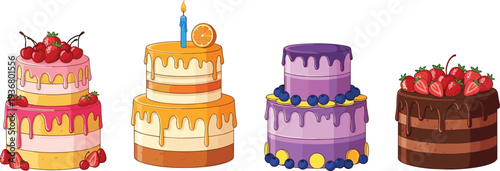 Colorful Layered Birthday Cakes with Fruit and Chocolate Topping Vector Illustration Set