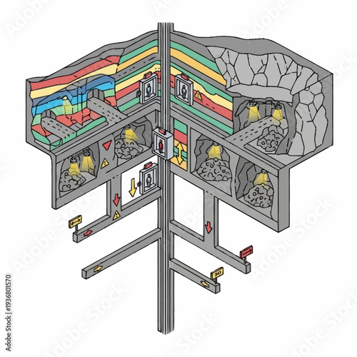 Quadro su tela Detailed Cross-Sectional View of an Underground Mine with Multiple Levels
