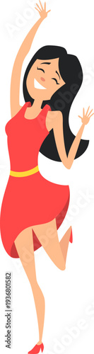Excited young woman jumping and dancing cartoon character