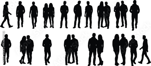 people walking standing silhouette set couples friends urban lifestyle human figure collection isolated vector illustration social characters