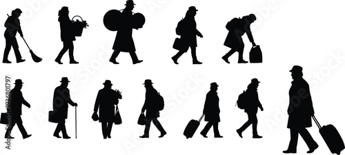 people walking silhouette set travelers workers pedestrians carrying bags luggage vector illustration urban lifestyle characters collection