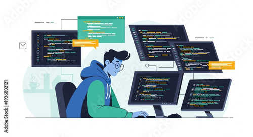 Programmer Working at Multiple Computer Monitors Coding.