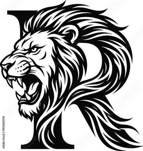 Wallpaper Mural Roaring lion head letter R monogram logo, black and white tribal vector illustration for mascot branding design template Torontodigital.ca