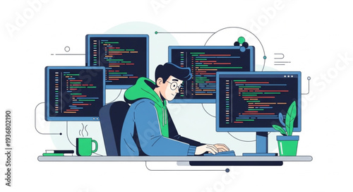 Programmer Working at Multiple Computer Monitors Coding.