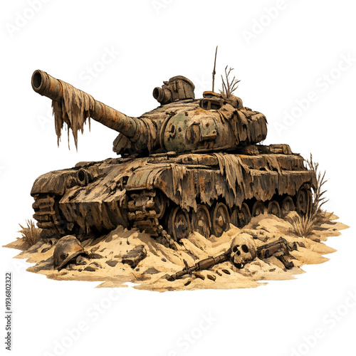 abandoned tank in desert wasteland, rusty military tank illustration, post apocalyptic desert vehicle, abandoned war machine in sand, broken armored tank concept, desert battlefield ruins, dystopian w