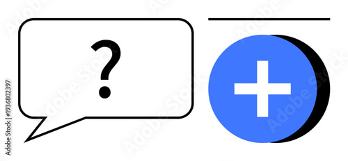 Help concept. Question in speech bubble combined with a blue plus sign support and added knowledge. Help for guidance, collaboration, resources, problem-solving, education