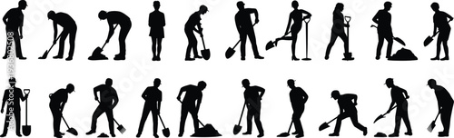 Construction and gardening worker silhouettes with shovel and rake tools, manual labor poses collection, industrial workforce vector illustration isolated on white