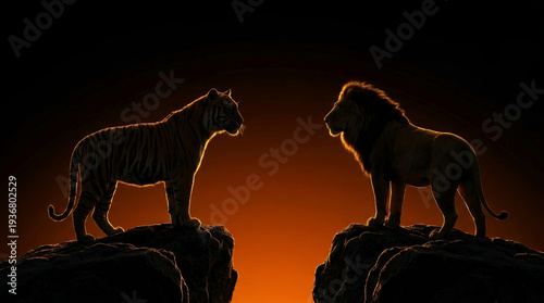 Silhouette Of Tiger And Lion Standoff On Mountain Cliffs At Sunset