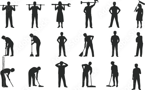 Cleaning and maintenance worker silhouettes with mop, broom and tools, professional janitor service concept vector illustration isolated on white background