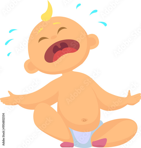 Crying baby cartoon character. Sad toddler burst in tears