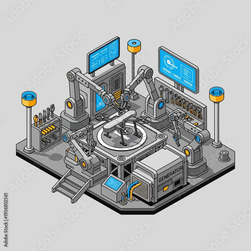 Isometric Industrial Factory Machine Equipment Setup.