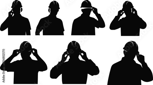 Construction worker adjusting safety helmet and protective earmuffs silhouette set, industrial labor occupational health and safety vector illustration isolated on white background