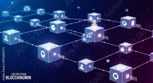 Digital Blockchain Network with Connected Nodes and Data Flow.
