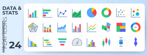 Data visualization and statistics flat icons including bar charts, pie graphs, area plots, candlesticks, and financial analytics elements for professional business infographic design.