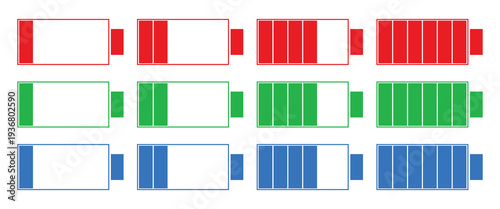 Battery life status indicator icons, energy level and power charge percentage graphic symbols