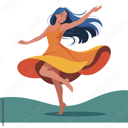 A woman in an orange dress is dancing on a green hill