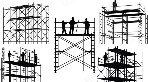 Construction worker silhouettes on scaffolding structures, building site maintenance and industrial engineering concept vector illustration isolated on white background