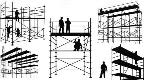 Construction worker silhouettes on scaffolding platforms, building maintenance and industrial engineering site concept vector illustration isolated on white background