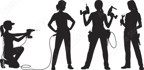 Female construction worker silhouettes set with drill and wrench tools, professional tradeswoman industrial labor vector illustration isolated on white background