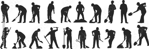 Construction worker silhouettes set with shovel tools, manual laborer digging and working poses, industrial workforce vector illustration isolated on white background
