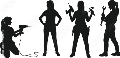 Female construction worker silhouettes with drill and wrench tools, professional tradeswoman industrial labor vector illustration isolated on white background