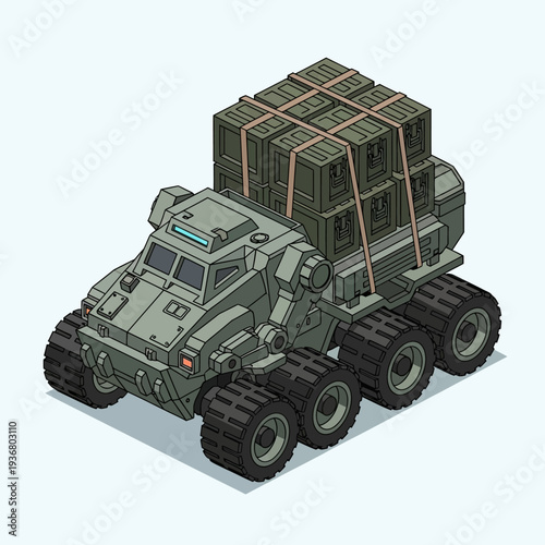 Military Truck Transporting Cargo Boxes.