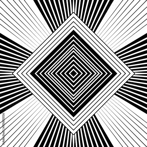 A geometric diamond pattern illustration with black and white stripes